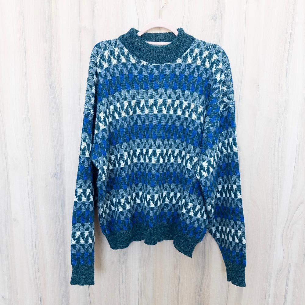 VTG McGregor Mens Sweater XL Blue Geometric Fair Isle Mock‎ Neck 90s Grandpa